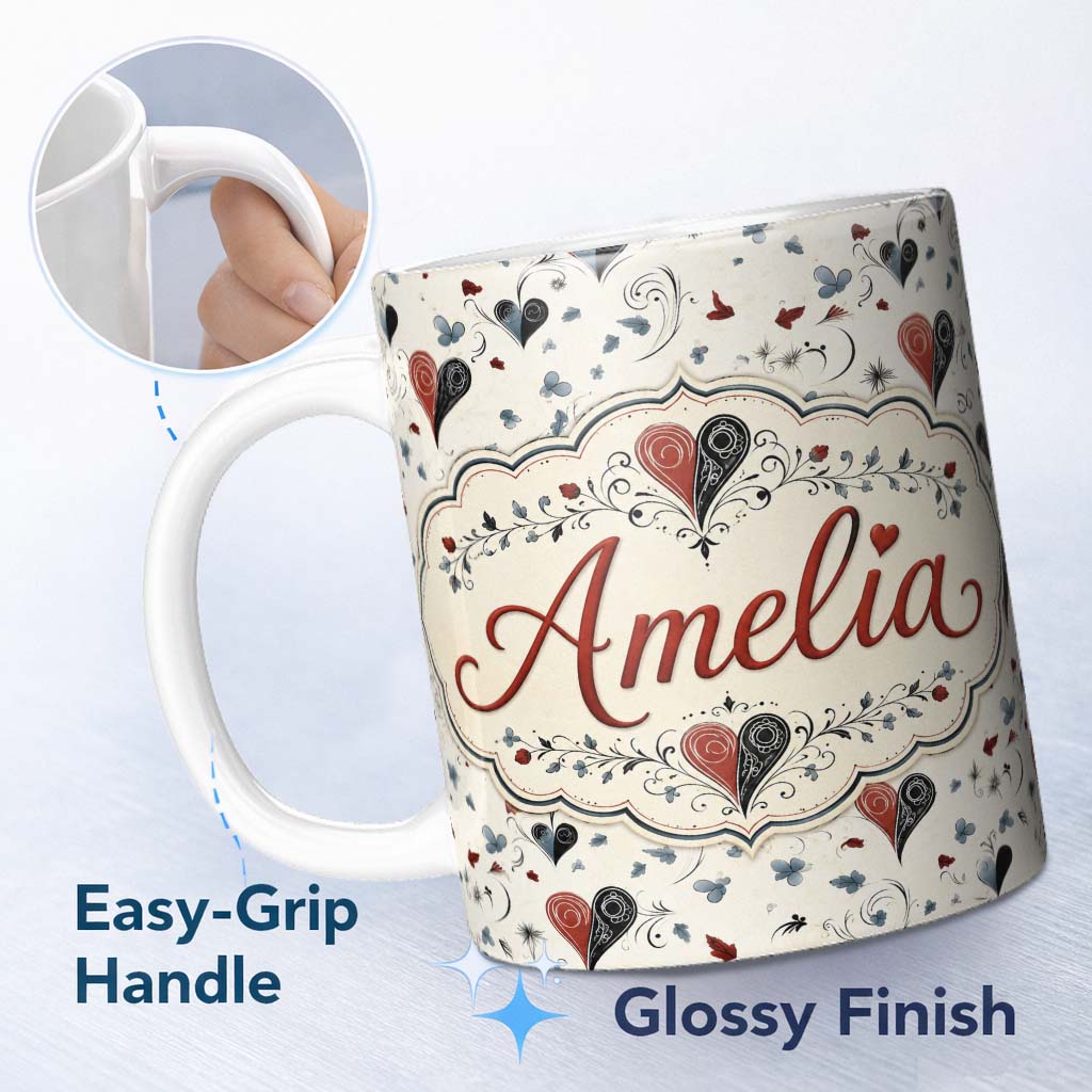 Personalized Custom Name Elegant Abstract Heart Swirl and Floral Motif Seamless Pattern 11oz Ceramic Coffee Tea Mug White Large Handle