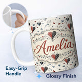 Personalized Custom Name Elegant Abstract Heart Swirl and Floral Motif Seamless Pattern 11oz Ceramic Coffee Tea Mug White Large Handle