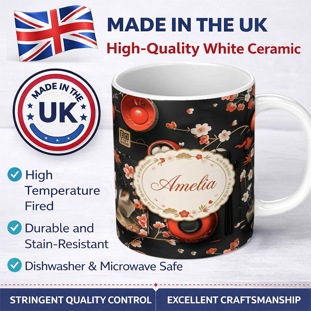 Personalized Custom Name Japanese Dining Table with Cherry Blossoms and Traditional Tableware 11oz Ceramic Coffee Tea Mug White Large Handle