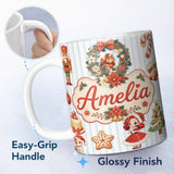 Personalized Custom Name Christmas Nutcracker Squirrel Cake Candy Cane Girl Tree lue Stripe 11oz Ceramic Coffee Tea Mug White Large Handle
