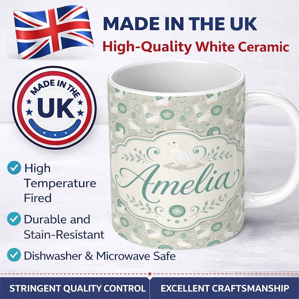 Personalized Custom Name Cute Seal and Coral Watercolour Pastel Ocean Scene Seamless Pattern 11oz Ceramic Coffee Tea Mug White Large Handle