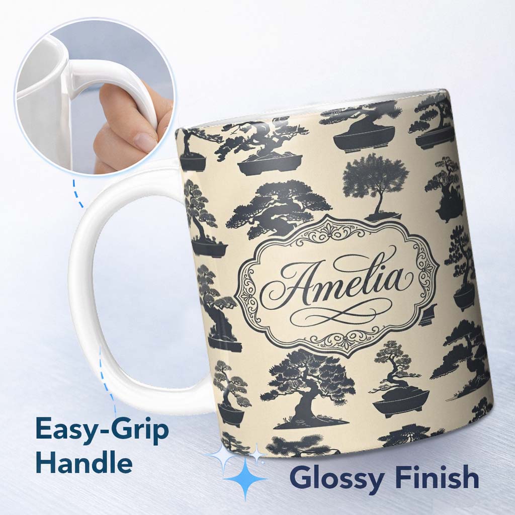 Personalized Custom Name Japanese Bonsai Tree Silhouettes in Pots on Beige Background Lovely 11oz Ceramic Coffee Tea Mug White Large Handle