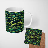 Personalized Custom Name Colourful Exotic Fish with Flowing Fins on Black Background Lovely 11oz Ceramic Coffee Tea Mug White Large Handle