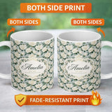 Personalized Custom Name Classic Cream Rose Bouquet Soft Sage Background Seamless Pattern 11oz Ceramic Coffee Tea Mug White Large Handle