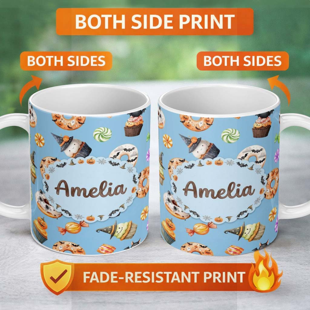 Personalized Custom Name Halloween Donuts Cupcakes Bats Candy and Pumpkins Blue Background 11oz Ceramic Coffee Tea Mug White Large Handle