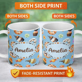 Personalized Custom Name Halloween Donuts Cupcakes Bats Candy and Pumpkins Blue Background 11oz Ceramic Coffee Tea Mug White Large Handle
