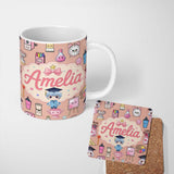 Personalized Custom Name Cute Kawaii Graduate Boy Science Art Supplies Seamless Pattern Peach 11oz Ceramic Coffee Tea Mug White Large Handle