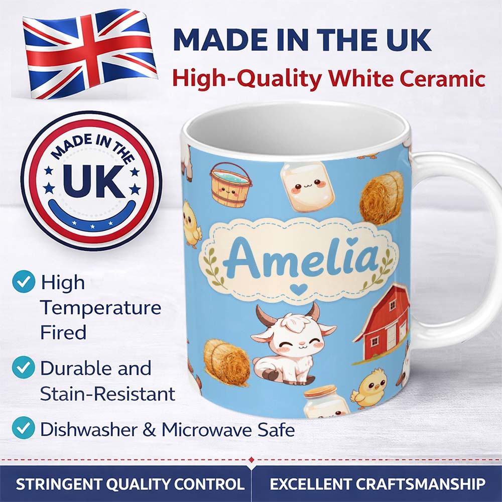 Personalized Custom Name Cute Farm Goat Barn Hay Bale Chick Sky Blue Background Seamless 11oz Ceramic Coffee Tea Mug White Large Handle