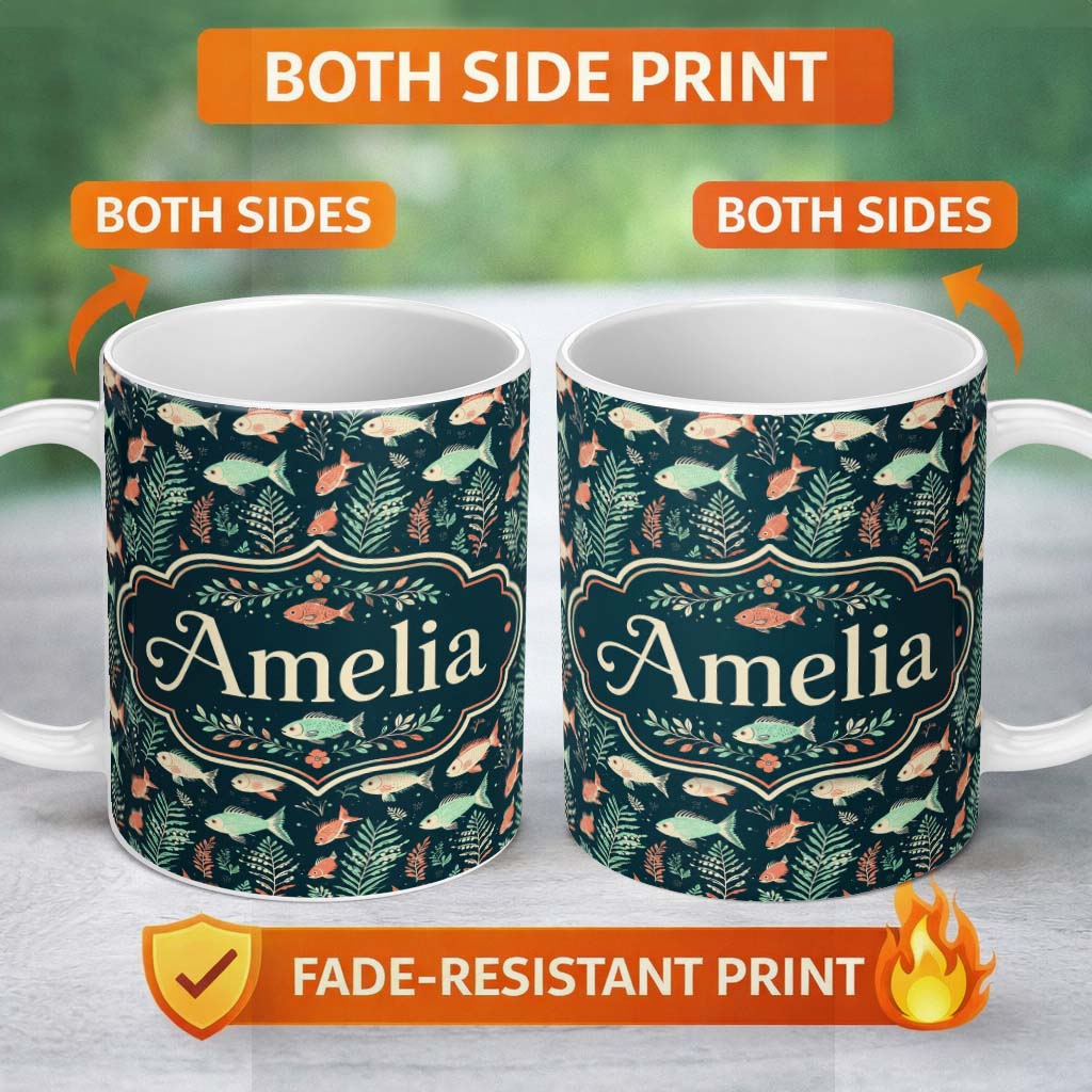Personalized Custom Name Cute Coral and Mint Fish with Seaweed Ocean Seamless Pattern Lovely 11oz Ceramic Coffee Tea Mug White Large Handle