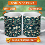 Personalized Custom Name Cute Coral and Mint Fish with Seaweed Ocean Seamless Pattern Lovely 11oz Ceramic Coffee Tea Mug White Large Handle