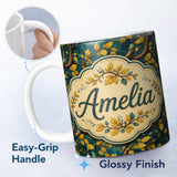 Personalized Custom Name Bold Yellow Leaves on Teal Background Seamless Pattern Lovely 11oz Ceramic Coffee Tea Mug White Large Handle