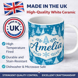 Personalized Custom Name Snowy Winter Pine Trees with Falling Snowflakes Festive Blue Lovely 11oz Ceramic Coffee Tea Mug White Large Handle