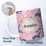 Personalized Custom Name Cute Kawaii Whale Starfish Seashell Ocean Animals Rose Background 11oz Ceramic Coffee Tea Mug White Large Handle