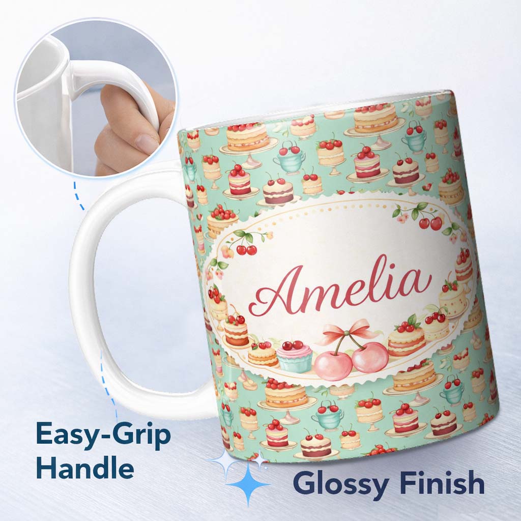 Personalized Custom Name Cherry Chocolate Cake Seamless Teal Background Dessert Sweet Food 11oz Ceramic Coffee Tea Mug White Large Handle