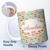 Personalized Custom Name Cherry Chocolate Cake Seamless Teal Background Dessert Sweet Food 11oz Ceramic Coffee Tea Mug White Large Handle