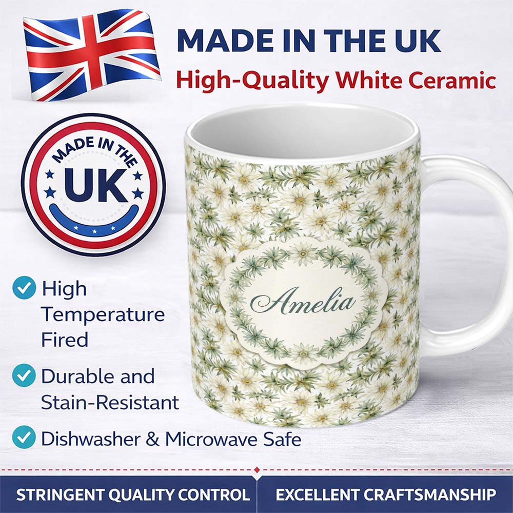 Personalized Custom Name Elegant Cream and Green Botanical Floral Seamless Pattern Lovely 11oz Ceramic Coffee Tea Mug White Large Handle