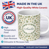 Personalized Custom Name Elegant Cream and Green Botanical Floral Seamless Pattern Lovely 11oz Ceramic Coffee Tea Mug White Large Handle