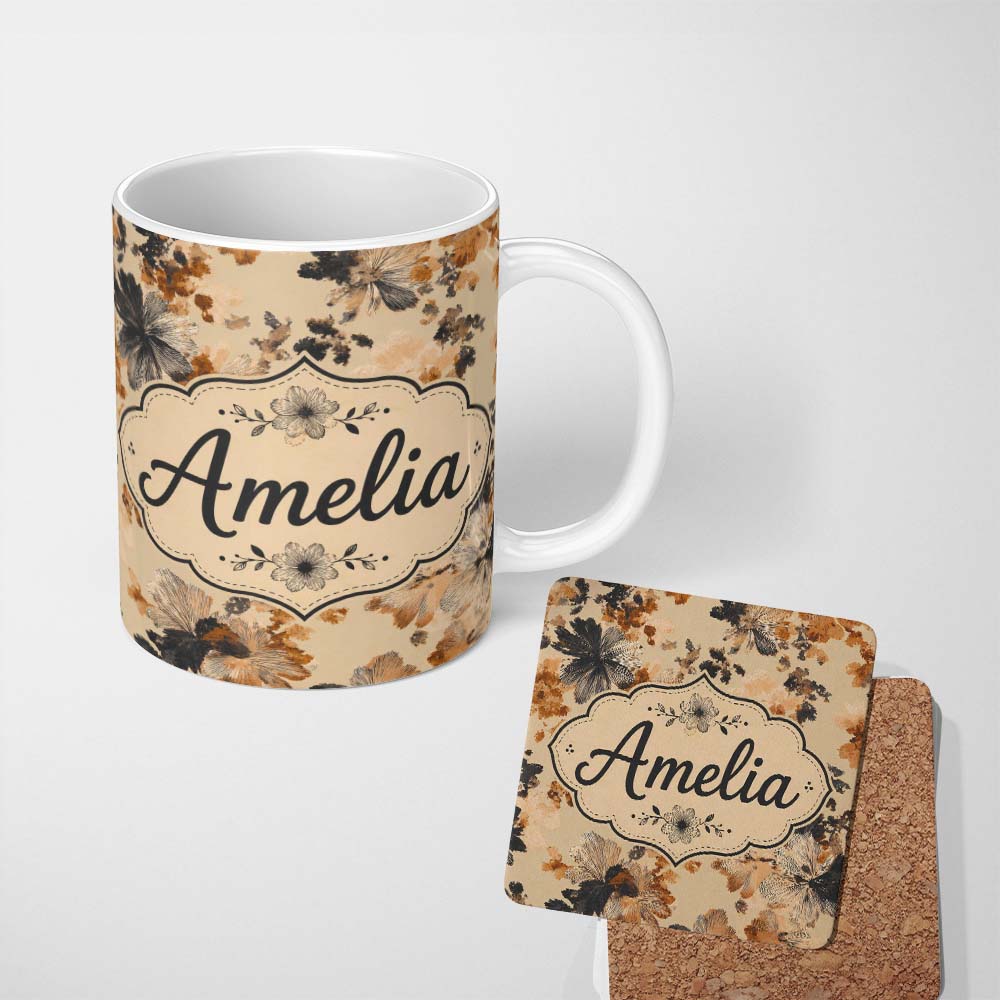 Personalized Custom Name Artistic Watercolor Floral with Soft Neutral Tones Texture Lovely 11oz Ceramic Coffee Tea Mug White Large Handle