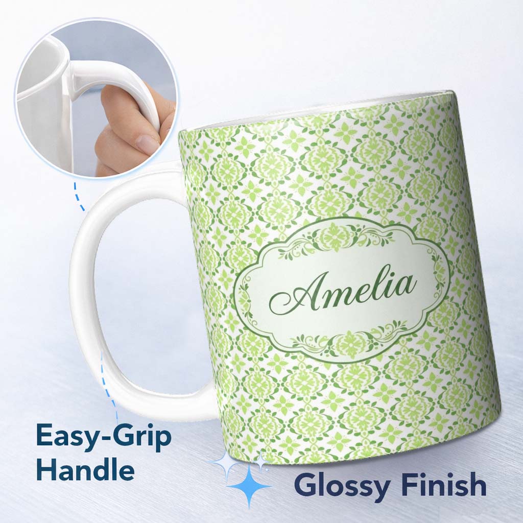 Personalized Custom Name Green Retro Geometric Tile Seamless Pattern Charming Kitchen Decor 11oz Ceramic Coffee Tea Mug White Large Handle