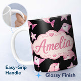 Personalized Custom Name Cute Pink Dolphin Stingray Starfish Ocean Creatures Black Background 11oz Ceramic Coffee Tea Mug White Large Handle