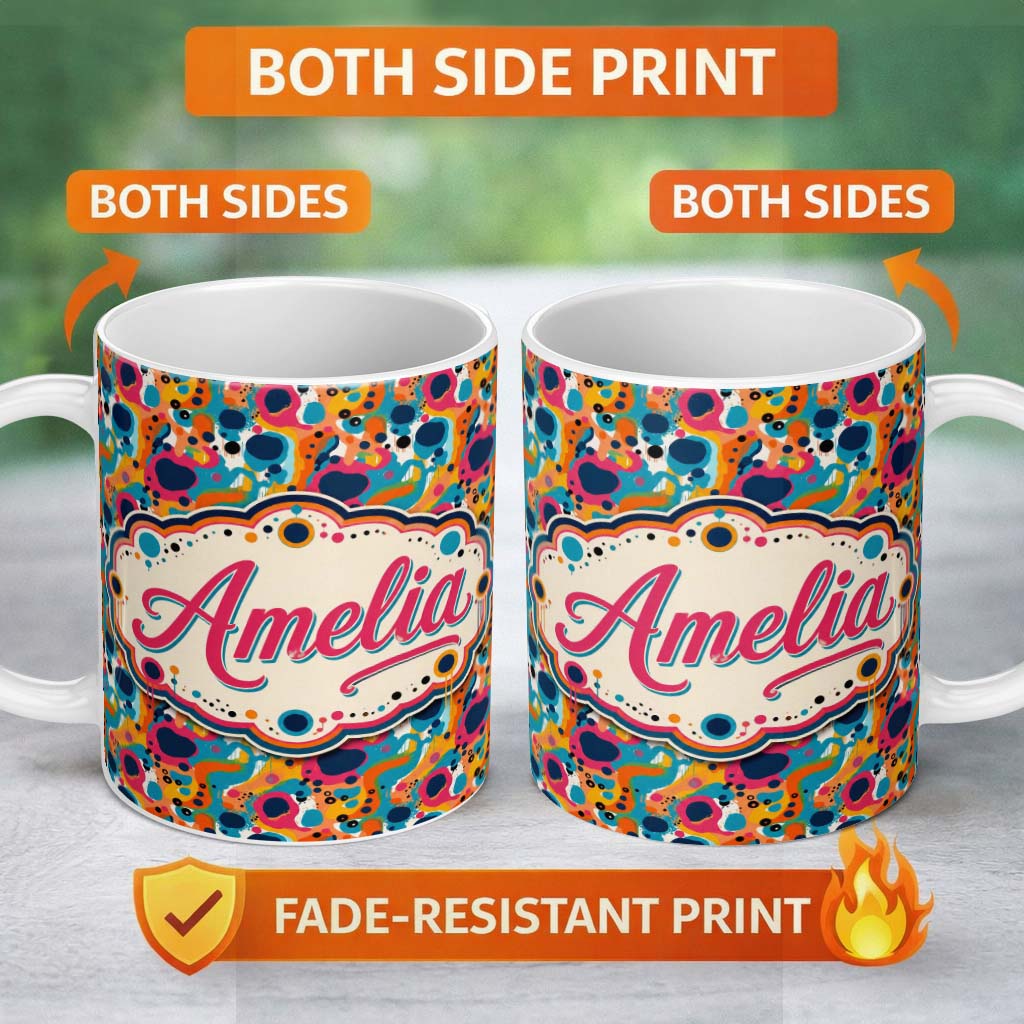 Personalized Custom Name Vibrant Abstract Organic Shapes Seamless Pattern Bold Colorful 11oz Ceramic Coffee Tea Mug White Large Handle