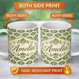 Personalized Custom Name Vintage Green Heart Leaf Damask Seamless Pattern on Neutral Lovely 11oz Ceramic Coffee Tea Mug White Large Handle