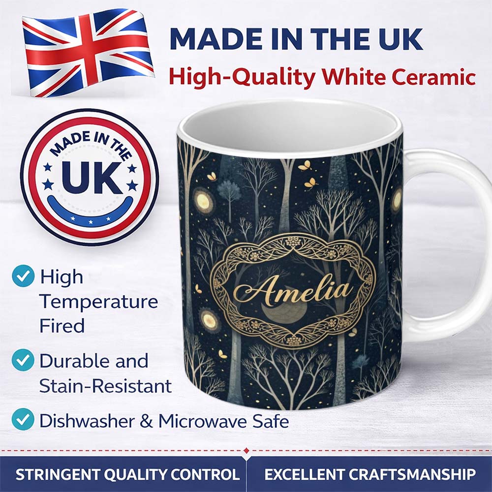 Personalized Custom Name Mystical Forest Trees Moon Starry Night Seamless Pattern Lovely 11oz Ceramic Coffee Tea Mug White Large Handle