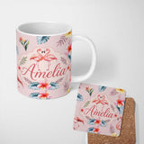 Personalized Custom Name Elegant Pink Flamingos Tropical Flowers on Soft Pink Background 11oz Ceramic Coffee Tea Mug White Large Handle