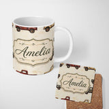 Personalized Custom Name Vintage Classic Pickup Truck Transport Seamless Pattern Lovely 11oz Ceramic Coffee Tea Mug White Large Handle