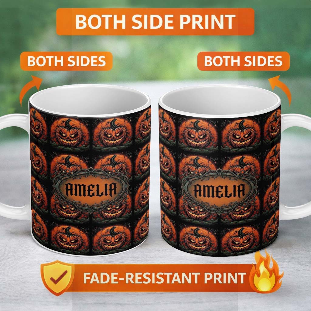 Personalized Custom Name Spooky Pumpkin Moon Branches Dark Forest Halloween Seamless Pattern 11oz Ceramic Coffee Tea Mug White Large Handle