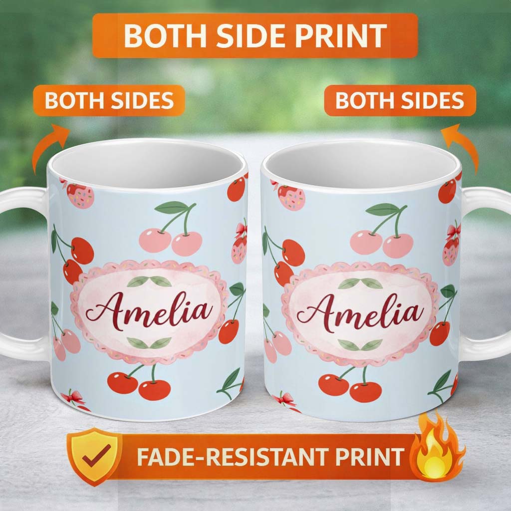 Personalized Custom Name Cute Cherry Fruit with Bow and Sprinkles Pattern Pastel Blue Lovely 11oz Ceramic Coffee Tea Mug White Large Handle