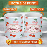 Personalized Custom Name Cute Cherry Fruit with Bow and Sprinkles Pattern Pastel Blue Lovely 11oz Ceramic Coffee Tea Mug White Large Handle