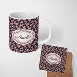 Personalized Custom Name Pink Cherry Blossom Floral Dark Background Seamless Pattern Lovely 11oz Ceramic Coffee Tea Mug White Large Handle