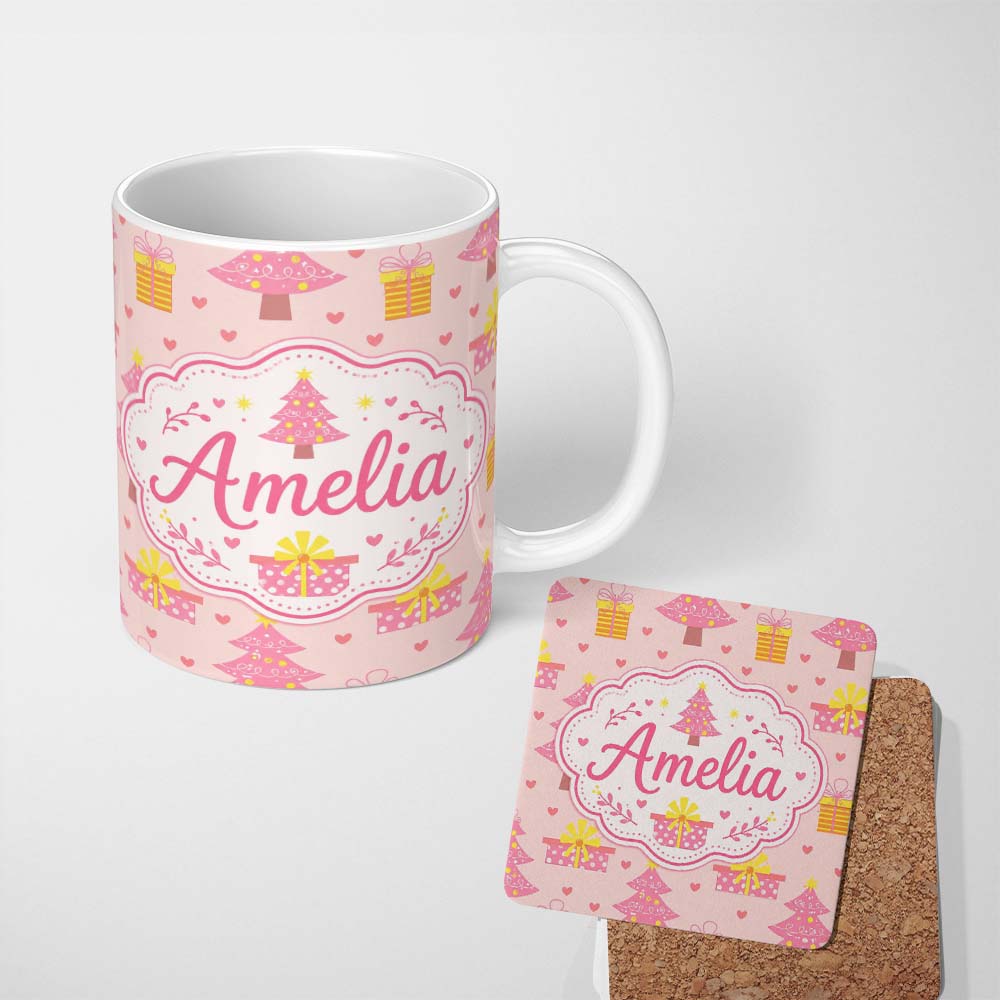 Personalized Custom Name Cute Pink Christmas Tree Gift Heart Seamless Pattern Lovely 11oz Ceramic Coffee Tea Mug White Large Handle