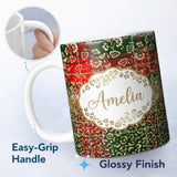 Personalized Custom Name Festive Plaid Gold Floral Glitter Christmas Seamless Pattern Lovely 11oz Ceramic Coffee Tea Mug White Large Handle