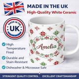 Personalized Custom Name Cute Scandinavian Style Red and Green Floral Pattern Christmas Folk 11oz Ceramic Coffee Tea Mug White Large Handle