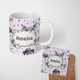 Personalized Custom Name Cute Baby Bats Flying with Stars Soft Lavender Background Seamless 11oz Ceramic Coffee Tea Mug White Large Handle