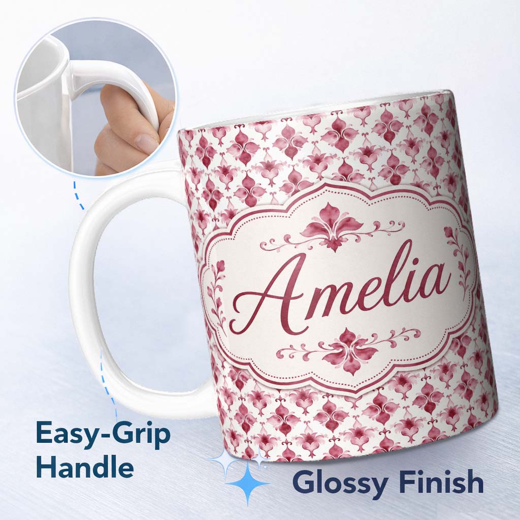 Personalized Custom Name Watercolour Burgundy Damask Motif Repeat on Light Background Elegant 11oz Ceramic Coffee Tea Mug White Large Handle
