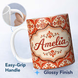 Personalized Custom Name Rust Red Vintage Geometric Tile Pattern with Cream Background Lovely 11oz Ceramic Coffee Tea Mug White Large Handle