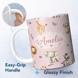 Personalized Custom Name Safari Animals with Elephant Lion and Leopard Cub on Dusty Rose 11oz Ceramic Coffee Tea Mug White Large Handle