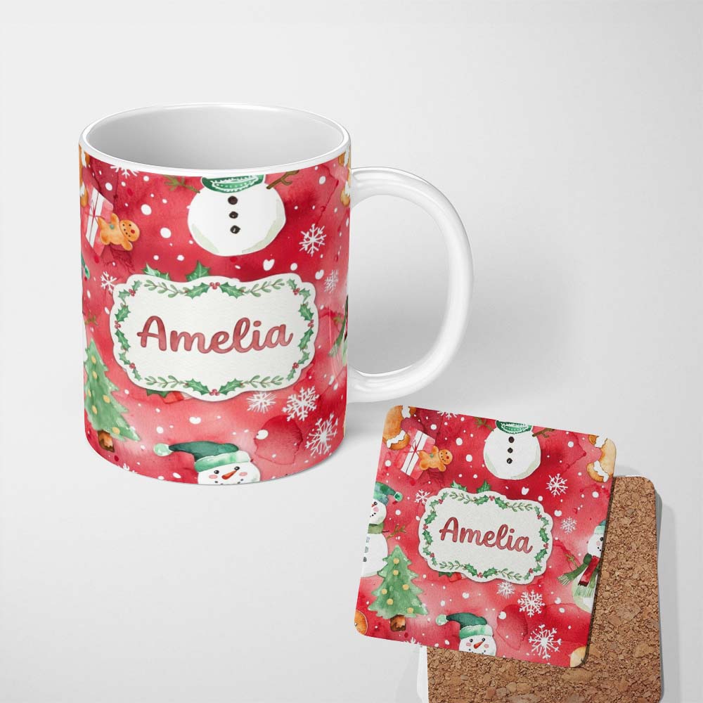 Personalized Custom Name Watercolor Gingerbread Cookie Gift Holly Snowflake Christmas Lovely 11oz Ceramic Coffee Tea Mug White Large Handle
