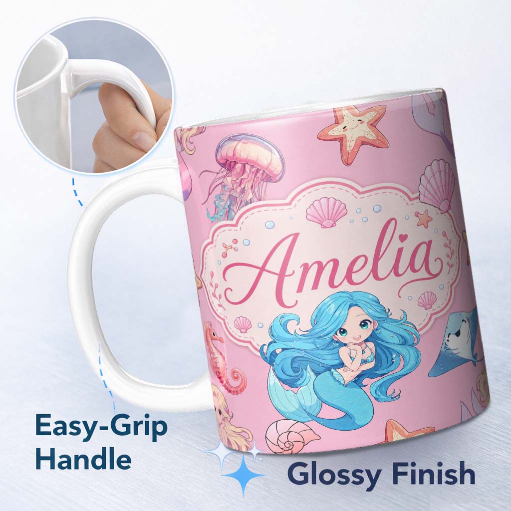 Personalized Custom Name Mermaid Ocean Friends Jellyfish Starfish Rose Pink Background Lovely 11oz Ceramic Coffee Tea Mug White Large Handle