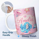 Personalized Custom Name Mermaid Ocean Friends Jellyfish Starfish Rose Pink Background Lovely 11oz Ceramic Coffee Tea Mug White Large Handle