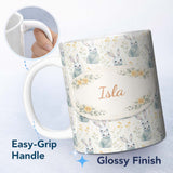 Personalized Custom Name Blue Cute Bunny Botanical Seamless Pattern Thoughtful Gift Idea 11oz Ceramic Coffee Tea Mug White Large Handle