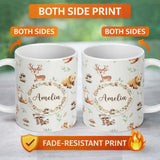 Personalized Custom Name Forest Animals Bear Deer Fox Owl Raccoon on Light Grey Seamless 11oz Ceramic Coffee Tea Mug White Large Handle