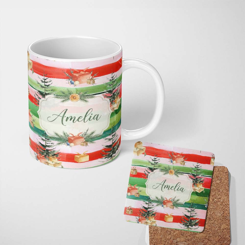 Personalized Custom Name Watercolor Christmas Tree Gift Box Stripe Background Seamless Lovely 11oz Ceramic Coffee Tea Mug White Large Handle