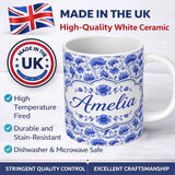 Personalized Custom Name Elegant Blue Vintage Floral Vine Seamless Pattern Cute Unique Gift 11oz Ceramic Coffee Tea Mug White Large Handle