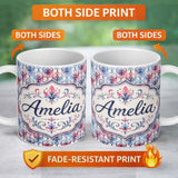 Personalized Custom Name Watercolor Floral Damask Soft Blue and Red Seamless Pattern Lovely 11oz Ceramic Coffee Tea Mug White Large Handle