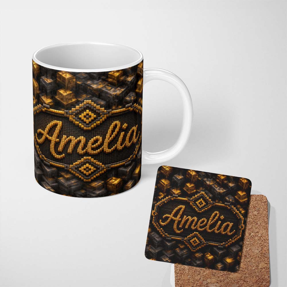 Personalized Custom Name Golden Brown 3D Cube Block Abstract Seamless Pattern Lovely 11oz Ceramic Coffee Tea Mug White Large Handle