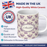 Personalized Custom Name Elegant Purple Damask Floral Vintage Seamless Pattern Lovely 11oz Ceramic Coffee Tea Mug White Large Handle